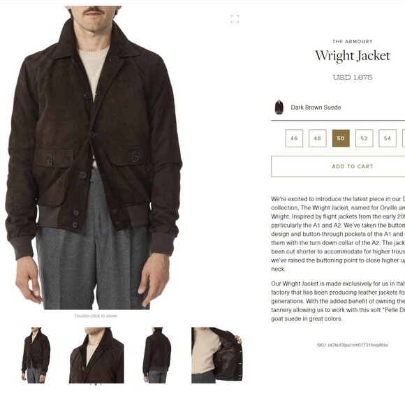 The Armoury Dayware Made in Italy Wright Brown Suede Blouson Coat 50 USD $1675 - Picture 2 of 5